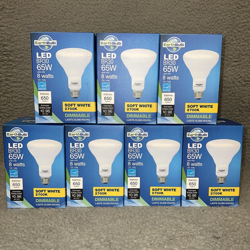 NIB (7) EarthBulb 65W Soft White BR30 8 Watts Dimmable LED Lightbulb 25k Hrs